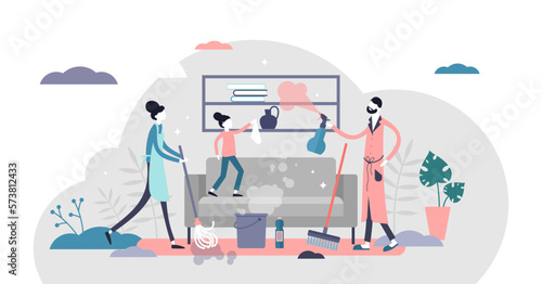 Housework illustration, transparent background.Stay at tidy home flat tiny persons concept.Family and children together activity for hygiene and microbes disinfection.