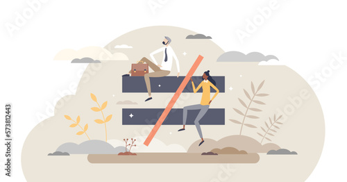 Inequality by gender diversity and woman discrimination tiny person concept, transparent background. Uneven salary for same work and wage difference from sexism and stereotypes illustration.