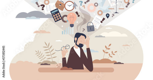 Information overload or job burnout with stress tiny person concept, transparent background.Busy businessman is tired about many duties and tasks illustration. photo