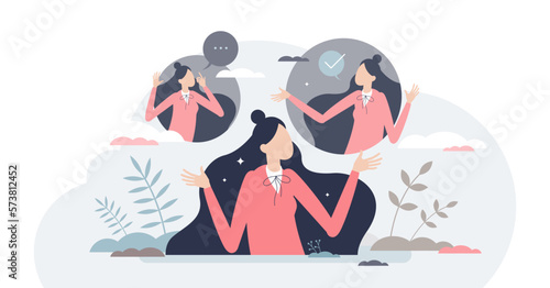 Inner judge as different opinions perspectives thinking tiny person concept, transparent background. Choice making management with self decision and information processing illustration.