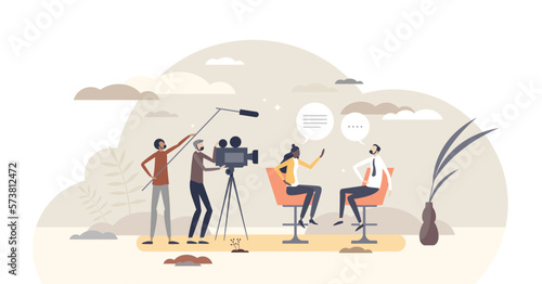 Journalism in television with live interview broadcasting tiny person concept, transparent background. Mass media TV program reportage with camera and microphone illustration.