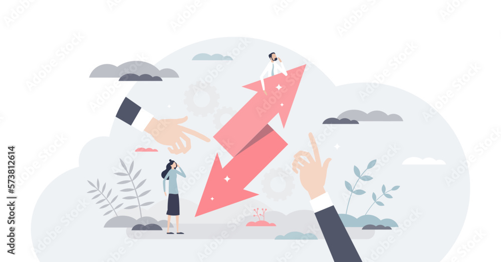 Strategy shift and business direction change to opposite tiny person concept. Strategy shift and business direction change to opposite tiny person concept.