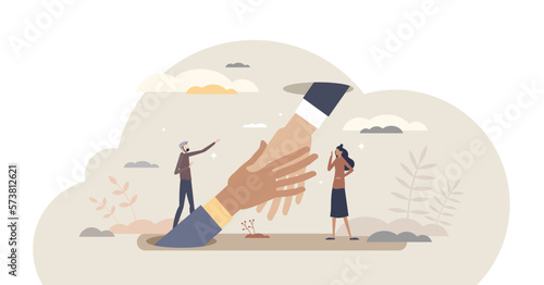 Support and help with advice or solution in job trouble tiny person concept, transparent background. Giving hand in business difficulties from partners illustration.