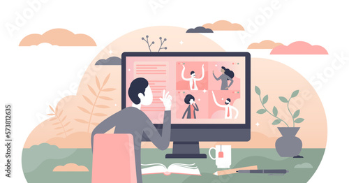 Video conferencing illustration, transparent background. Distance conversation with work colleague flat tiny person concept. Online contact meeting.