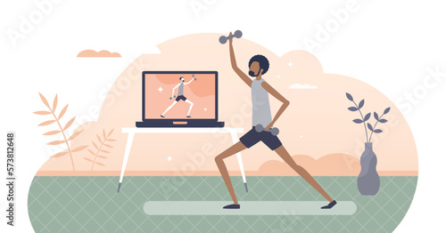 Virtual fitness as distant workout and sport activity tiny person concept, transparent background. Online trainer or coach video stream as example with healthy strength and good shape program.