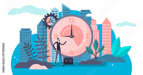 Working hours illustration, transparent background. Flat tiny classical workweek persons concept. Popular office job time from nine till five. Professional job period visualization.