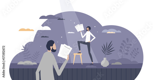 Acting performance by actor on theater stage tiny person concept, transparent background. Drama entertainment character practice with director for show illustration. Professional text learning.