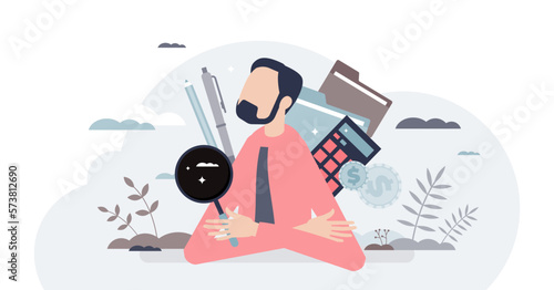 Auditor work with financial data research and evaluation tiny person concept, transparent background. Company documents audit with quality inspection and business assessment illustration.