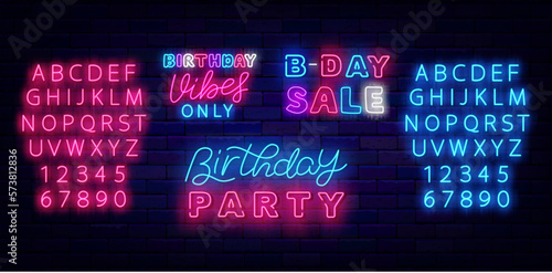 Birthday party neon labels collection. Bday sale. Birthday vibes only. Holiday celebration. Vector stock illustration