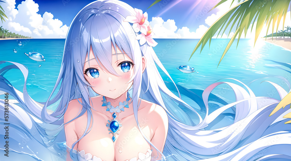 Sexy anime japanese girl big blue eyes on sea Sexy anime japanese girl big blue eyes on sea
