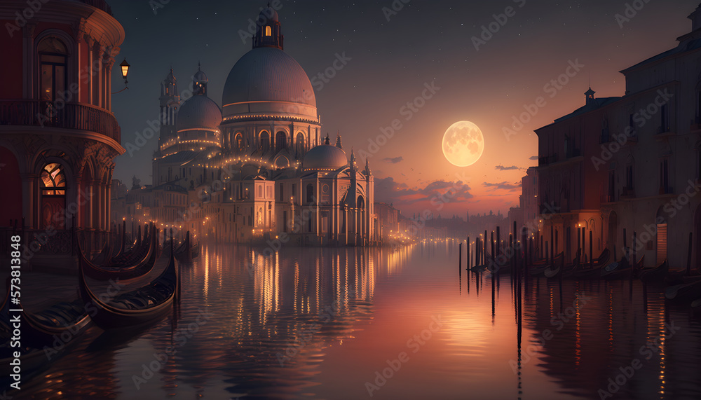 Golden hour cityscape of Venice with sun setting behind Renaissance architecture