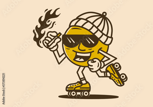 ball character holding cigarette on roller skates