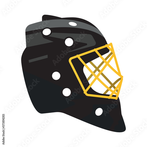 Vector black ice hockey, goalkeeper mask with yellow grid.