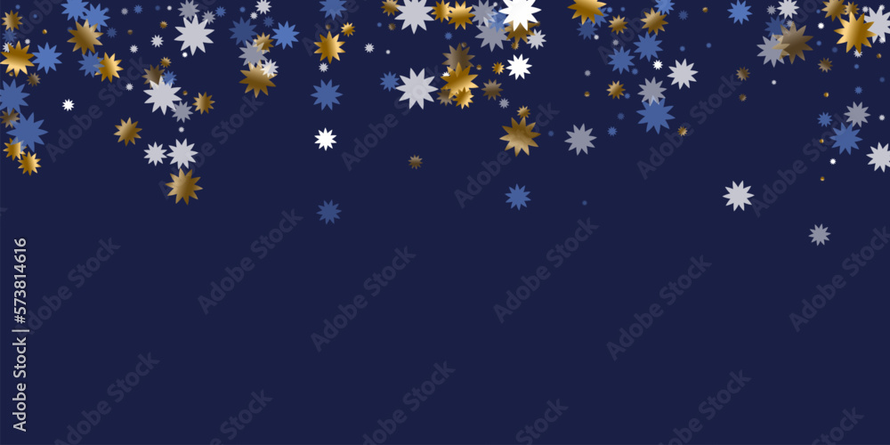 Random Christmas star holiday ornament illustration. Gold blue white sparkle confetti. Banner