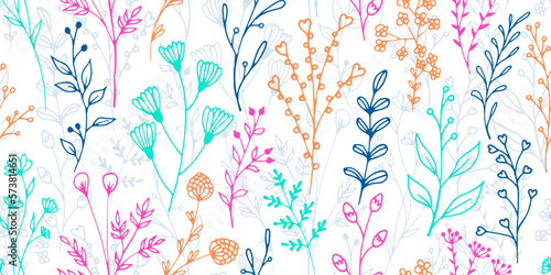 Field flower sprigs hand drawn vector seamless pattern. Rustic herbal textile...