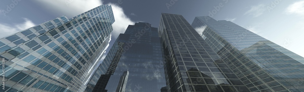 Fototapeta premium Skyscrapers, high-rise buildings from below against the background of the sky, cityscape, panorama of skyscrapers, 3D rendering