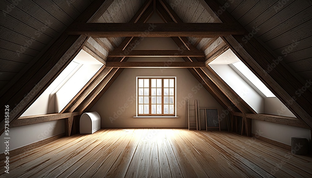  a loft with a bed and a window in it's side wall and a wooden floor in front of a window with a skylight.  generative ai