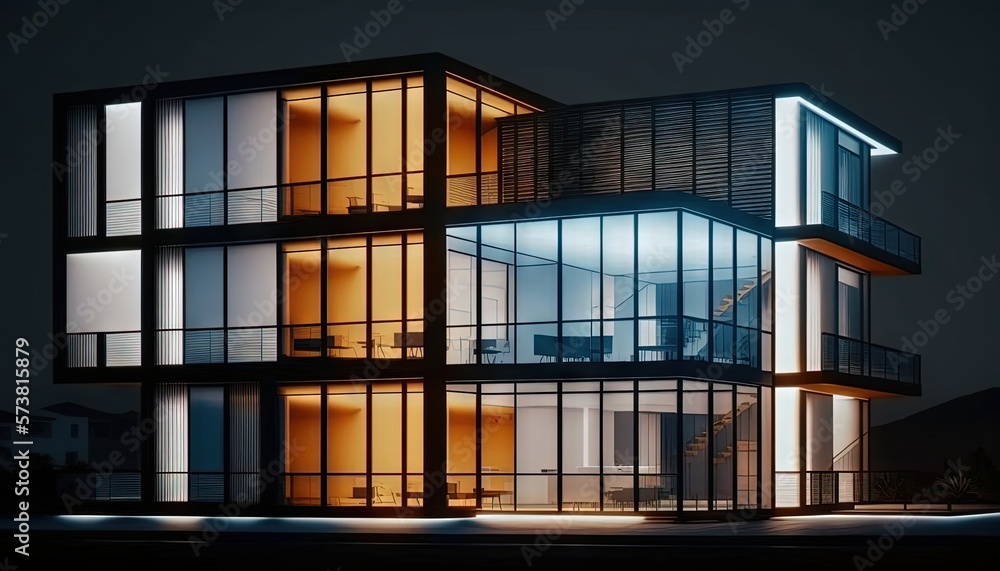 a large building with lots of windows and lights on it's sides at night time with a full moon in the sky above it. generative ai a large building with lots of windows and lights on it's sides at night time with a full moon in the sky above it. generative ai