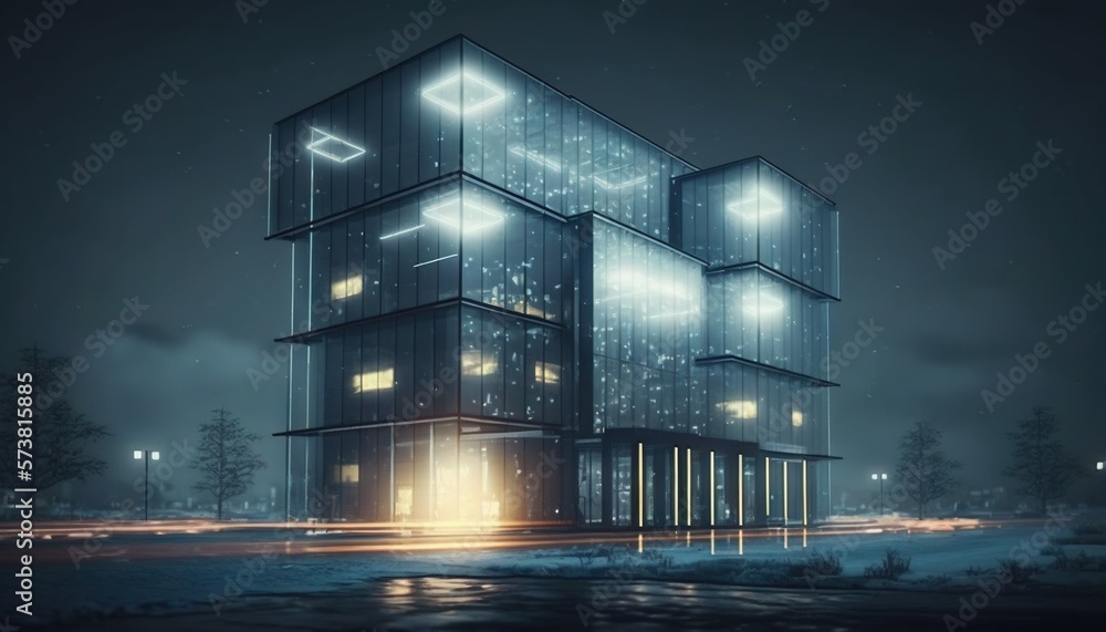  a building that has a lot of windows and lights on it in the dark night with a street light in front of it and a street light in front of it.  generative ai