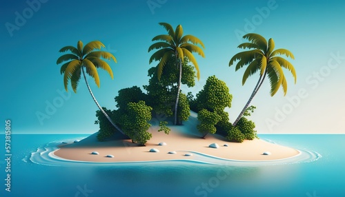  a small island with two palm trees on a blue ocean with a blue sky in the background and a few white rocks in the foreground. generative ai