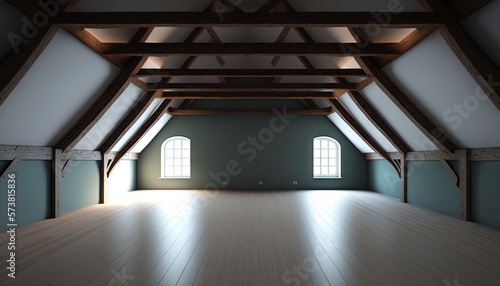  an empty room with two windows and a wooden floor in the middle of the room is a wooden floor and a vaulted ceiling with two windows. generative ai