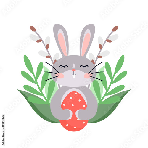 Cute easter bunny with egg and pussy-willow in flat cartoon style.