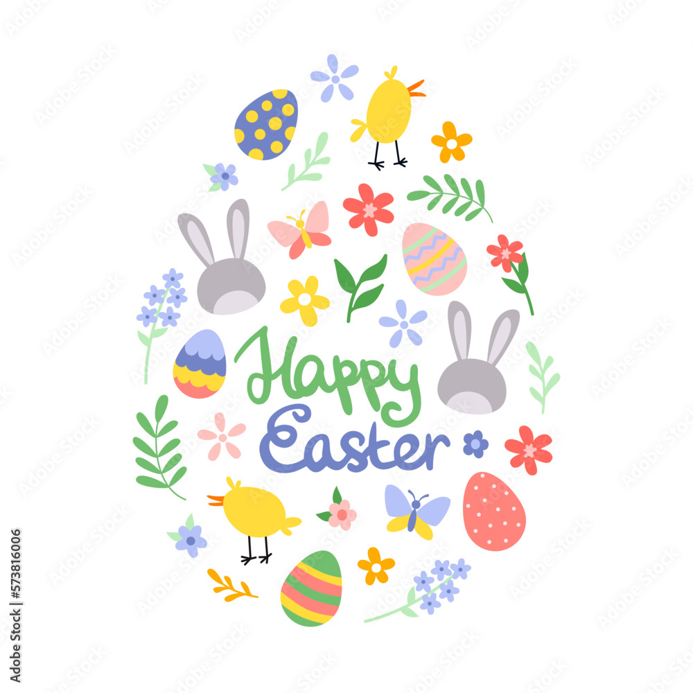 Happy Easter, egg shape illustration. Colorful spring flowers, bunny, chicks, eggs on poster, greeting card. Happy Easter, egg shape illustration. Colorful spring flowers, bunny, chicks, eggs on poster, greeting card.