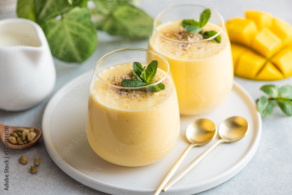 Lassi with mango, traditional indian drink, selective focus - obrazy, fototapety, plakaty 