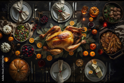 a large festive table with food and a large roasted turkey Generative AI