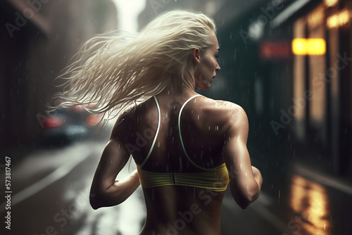 Generative Illustration AI of Blond hair white Caucasian looking female athlete running/ jogging on street after raining