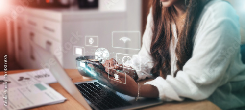 Obraz na plátně Business woman, phone or networking hologram in cafe on marketing app, advertising planning or global software strategy