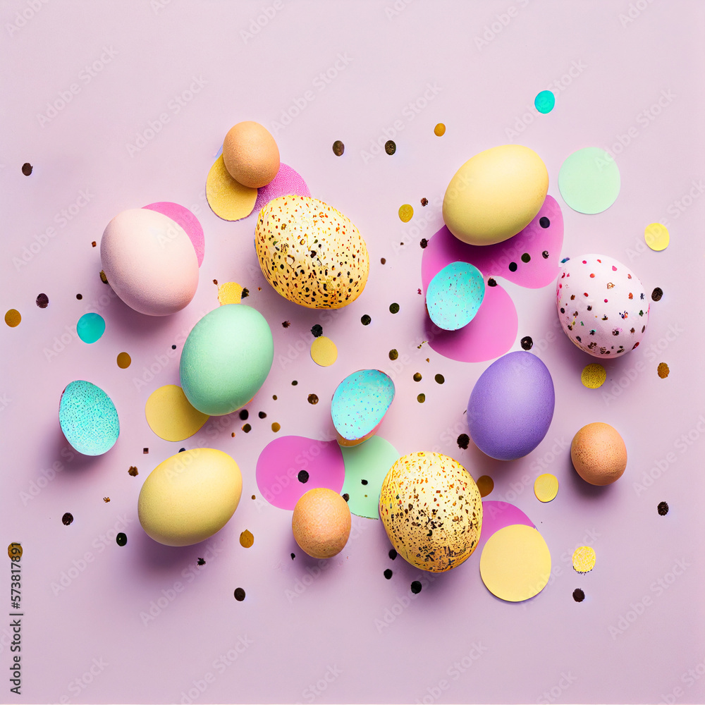 Easter composition. Easter eggs, paper blank on pastel background. Flat lay, top view, copy space