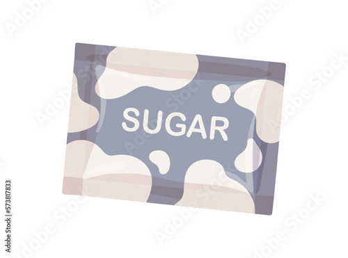 Sugar sand sachet, small bag, package. Sweet granulated powder in closed paper pack, sealed pouch. Flat cartoon vector illustration isolated on white background