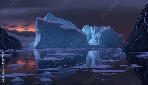  a group of icebergs floating in the ocean at night time with a full moon in the sky above them and a few icebergs in the water. generative ai