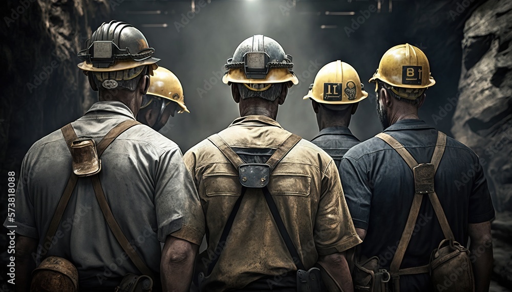a group of men wearing hard hats standing in a tunnel with a light shining down on the man in the middle of the photo and the picture. generative ai a group of men wearing hard hats standing in a tunnel with a light shining down on the man in the middle of the photo and the picture. generative ai