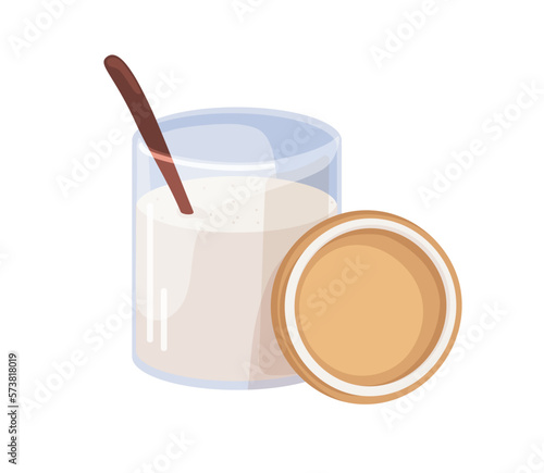 Beet sugar sand, powder in glass jar. Sweet granulated crystals in container with lid and spoon. Cooking ingredient, sweetener. Flat cartoon vector illustration isolated on white background