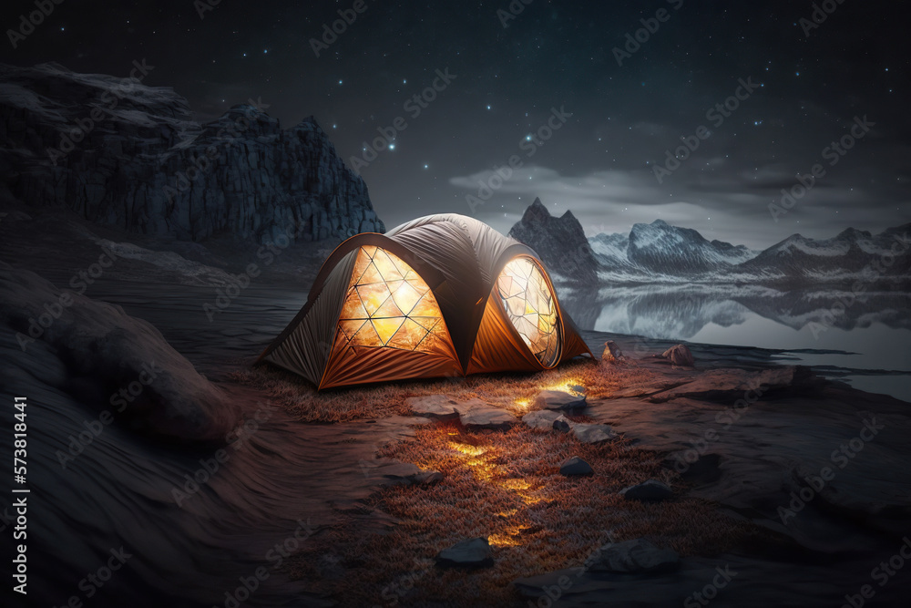 Alone tent with light in mountains at night  between the stars, Camping at the top of the world, picturesque landscape, travel concept.  Ai generative