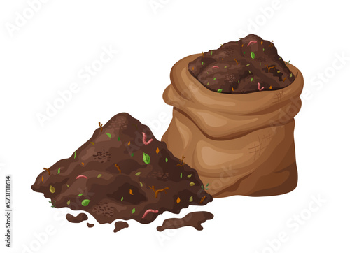 Organic soil heap for compost, garden recycling natural garbage. Earth worms and biodegradable trash. Vector illustration