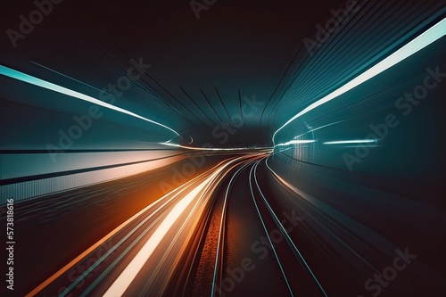 Speed tunnel motion light trails. Photo generative AI