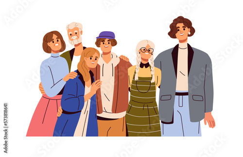 Happy family gathering portrait. United people hugging. Unity, support and love, good relationship concept. Grandparent, mother, teenager. Flat graphic vector illustration isolated on white background