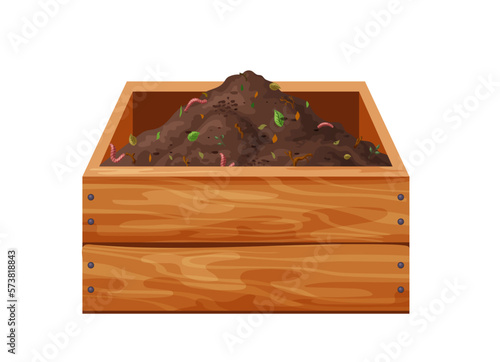 Organic soil heap for compost in wooden box, garden recycling natural garbage. Earth worms and biodegradable trash. Vector illustration