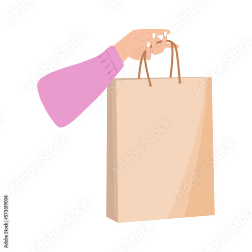 Female hand holding Shopping or gift Bag. Sack for purchases, presents. Hand drawn Vector illustration. Shopping, Discount, sale concept