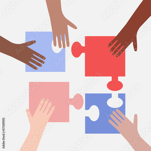 Hands of diverse group of people putting together. Concept of community, support, partnership, teamwork, social movement, friendship and cooperation. Flat cartoon vector illustration