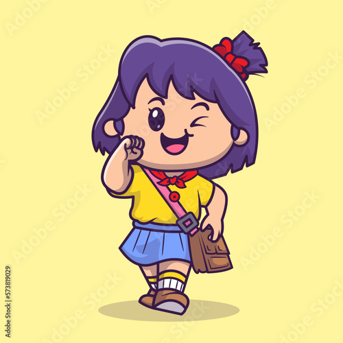 Cute Girl Going To School Cartoon Vector Icon Illustration. People Education Icon Concept Isolated Premium Vector. Flat Cartoon Style