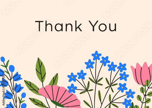 Floral card background. Spring delicate flowers on thanking gratitude postcard design with wildflowers. Blooming blossomed gentle beautiful field plants on nature backdrop. Flat vector illustration