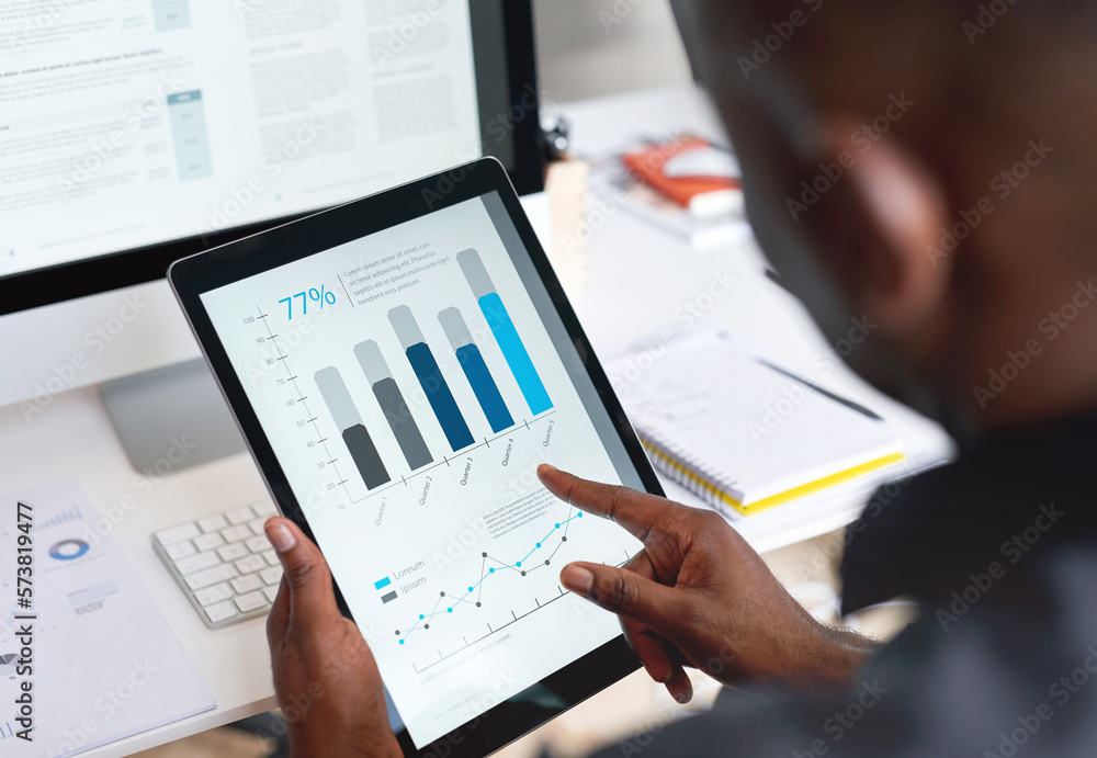 Search, data analysis or black man hands on tablet in digital agency for company growth, strategy review or KPI graph chart in office. Startup worker for SEO analytics or planning company sale report Search, data analysis or black man hands on tablet in digital agency for company growth, strategy review or KPI graph chart in office. Startup worker for SEO analytics or planning company sale report