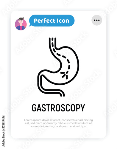 Gastroscopy thin line icon: endoscope in stomach. Medical test. Modern vector illustration.