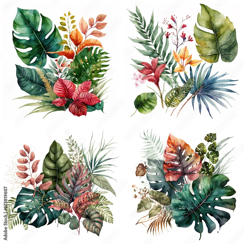Fototapeta premium Watercolor Tropical Plants Leaves, Flower for Unique Wedding Invitations and Event Decor Created with Generative AI technology