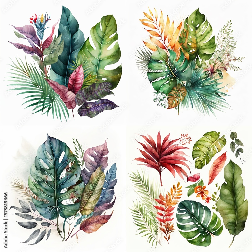 Obraz premium Watercolor Tropical Plants Leaves, Flower, Watercolor Illustrations of Colorful Tropical Plants Created with Generative AI technology