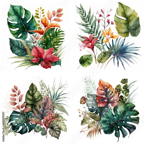 Watercolor Tropical Plants Leaves, Flower for Unique Wedding Invitations and Event Decor Created with Generative AI technology © Supermarket Flowers